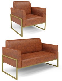 Sofá Namoradeira com Poltrona Base Industrial Alta Dourado Marisa Corano D03 - DRossi - Nozes