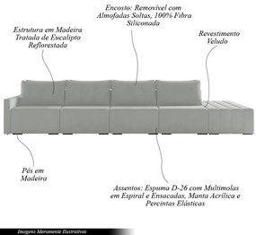 Sofá Ilha Modulado Milos 432cm Puff Lateral Veludo Cinza G33 - Gran Belo