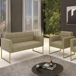 Sofá Namoradeira e 1 Poltrona Base Industrial Dourado Ana Suede Marrom