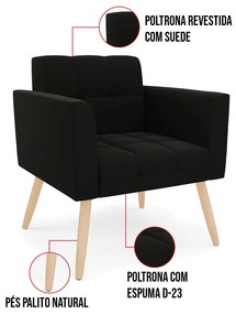 Kit 1 Sofá Namoradeira e 1 Poltrona Elisa Suede Pés Palito Natural D03 - D'Rossi - Preto