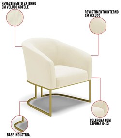 Poltrona Decorativa Industrial Dourado Kit 2 Stella Cotelê Ext/Veludo D03 - D'Rossi - Off White