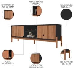 Rack Para Sala Bancada de TV 72 Pol Ripado 184cm Tannen Freijó/Preto -