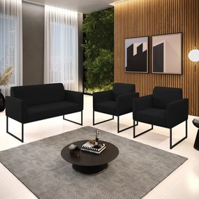 Sofá Namoradeira com 2 Poltronas Base Industrial Preto Marisa Linho Preto A79 D03 - D'Rossi