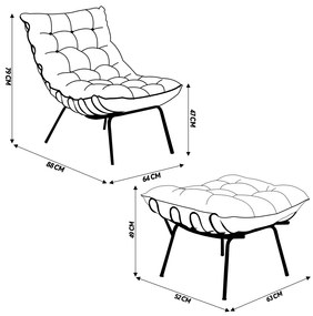 Conjunto Decorativo Poltrona e Puff Abel Base de Ferro Preto Linho Marrom G41 - Gran Belo