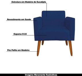 Kit 02 Poltronas Decorativas Isabella Pés Palito Madeira Suede Azul Marinho G19 - Gran Belo