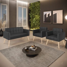 Kit 1 Sofá Namoradeira e 2 Poltronas Elisa Corino Pés Palito Natural - D'Rossi - Preto