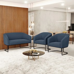 Namoradeira e 2 Poltronas Industrial Preto Stella Suede D03 - D'Rossi - Azul Marinho