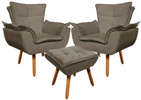02 Poltronas e 01 Puff Pé Palito de Madeira Opala Suede D03 - D'Rossi - Marrom Rato