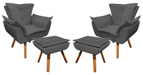 02 Poltronas e 02 Puffs Pé Palito de Madeira Opala Corino D03 - D'Rossi - Grafite