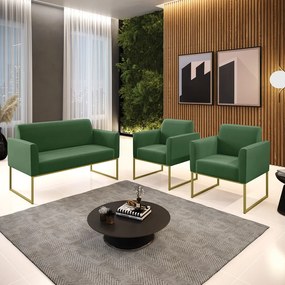 Sofá Namoradeira com 2 Poltronas Base Industrial Dourado Marisa Suede D03 - D'Rossi - Verde