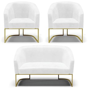Namoradeira e 2 Poltronas Industrial Dourado Stella Sintético PU D03 - D'Rossi - Branco