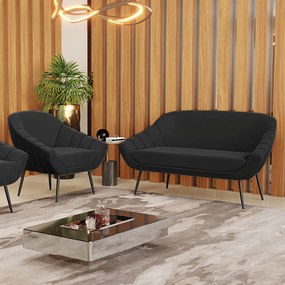 Kit 01 Namoradeira 02 Lugares e 01 Poltrona Giovana Suede Pés Palito de Ferro - D'Rossi - Preto