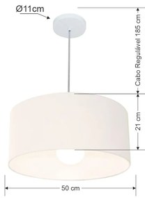 Lustre Pendente Cilíndrico 4052 Cúpula em Tecido 50x21cm Branco - Bivolt