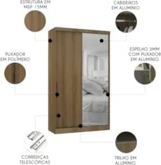 Guarda Roupa Solteiro 135cm 2 Portas e Espelho Delphi Avelã L01 - Mpoz