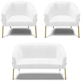 Namoradeira e 2 Poltronas Pé de Ferro Dourado Stella Sintético PU D03 - D'Rossi - Branco