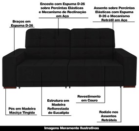 Sofá Sala de Estar Retrátil e Reclinável 3 Lugares Lisboa 230cm Couro Preto G58 - Gran Belo