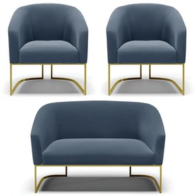 Namoradeira e 2 Poltronas Base Industrial Dourado Stella Suede D03 - D'Rossi - Azul Marinho