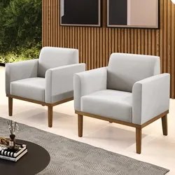 Poltrona Base Madeira Castanho Kit 2 Maressa Veludo Cinza - Ibiza