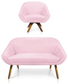 Kit 01 Namoradeira 02 Lugares e 01 Poltrona Giratória Giovana Suede Rosa Bebê Base Madeira MM30 - D'Rossi