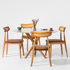 Conjunto Mesa de Jantar Thai Redonda Vidro Off White - 1,20m + 4 Cadeiras Dalí Palha Larga PU - Cognac