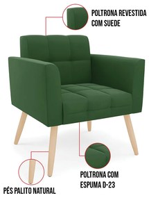 Kit 1 Sofá Namoradeira e 1 Poltrona Elisa Suede Verde Pés Palito Natural D03 - D'Rossi