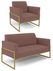 Sofá Namoradeira com Poltrona Base Industrial Alta Dourado Marisa Veludo D03 - DRossi - Rose