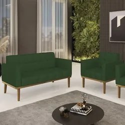 Sofá Namoradeira e 1 Poltrona Base Madeira Castanho Ana Veludo Luxo Ve