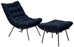 Conjunto Decorativo Poltrona e Puff Abel Base de Ferro Preto Veludo Azul G41 - Gran Belo