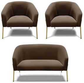 Namoradeira e 2 Poltronas Pé de Ferro Dourado Stella Suede D03 - D'Rossi - Marrom