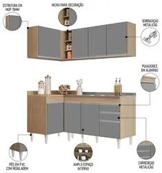 Armário de Cozinha Modulado de Canto Direito 4 Peças CP39 com Pia Inox