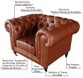 Poltrona Decorativa Sala de Estar Chesterfield Duo Couro Conhaque Brilho G40 - Gran Belo