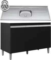 Balcão de Cozinha Com Pia Inox 120cm 3 Portas Manu Preto - AJL Móveis