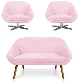 Kit 01 Namoradeira 02 Lugares e 02 Poltronas Giratória Giovana Suede Base Cromada - D'Rossi - Rosa Bebê
