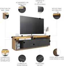 Rack TV 75 Pol 200cm Com LED 1 Porta Mova Mel/Grafite A05 - Mpozenato