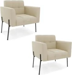 Poltrona Para Sala Pé Metal Preto Kit 2 Ana Suede Bege - Ibiza