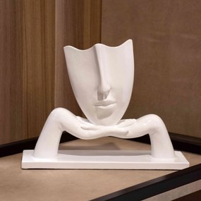 Escultura Decorativa Máscara Com Base Descanso Em Cerâmica Branco 23x30 Cm - D'Rossi