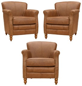 Kit 03 Poltronas Decorativas Sala de Estar Brunei Pés Madeira Couro Mel G58 - Gran Belo