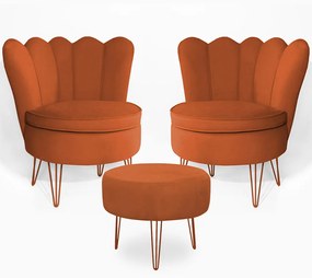 Conjunto 2 Poltrona Dália com Puff Chloe Pés Hairpin Legs Bronze Veludo Telha
