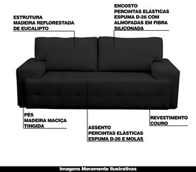 Sofá 2 Lugares Sala de Estar Roma 180 cm Couro Preto G58 - Gran Belo