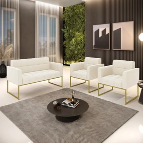 Kit 1 Sofá Namoradeira e 2 Poltronas Elisa Veludo Base Metálica Industrial Dourado - D'Rossi - Bege