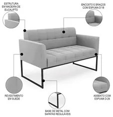 Sofá Namoradeira e 1 Poltrona Base Industrial Preto Ana Suede Cinza -