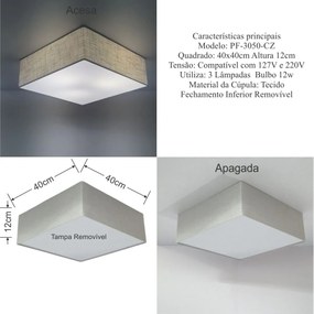 Plafon Quadrado Md-3050 Cúpula em Tecido 40x40X12cm Rústico Cinza - Bivolt