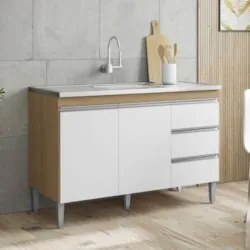 Balcão de Cozinha com Pia Inox 120cm Andréia Amêndoa/Branco - AJL Móve