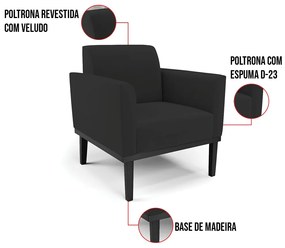 Poltrona Base de Madeira Fixa Preto Marisa Veludo D03 - D'Rossi - Preto