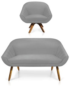 Kit 01 Namoradeira 02 Lugares e 01 Poltrona Giratória Giovana Suede Cinza Base Madeira MM30 - D'Rossi