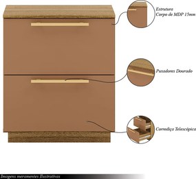 Mesa de Cabeceira Cindy 2 Gavetas com Corrediças Telescópicas Nature/Terracota G98 - Gran Belo