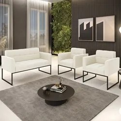 Sofá Namoradeira e 2 Poltronas Base Industrial Preto Ana Veludo Bege -
