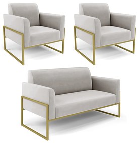 Sofá Namoradeira com 2 Poltronas Base Industrial Alta Dourado Marisa Veludo D03 - D'Rossi - Cinza