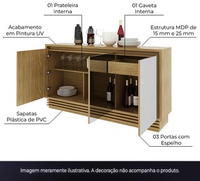 Buffet Aparador Balcão Sala de Jantar com Espelho nas Portas BB2609 MDP Natural G69 - Gran Belo