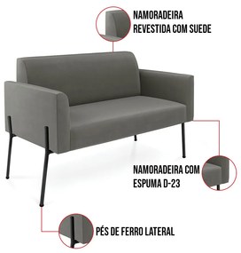 Sofá Namoradeira 2 Lugares Pé de Ferro Preto Marisa Suede D03 - D'Rossi - Grafite